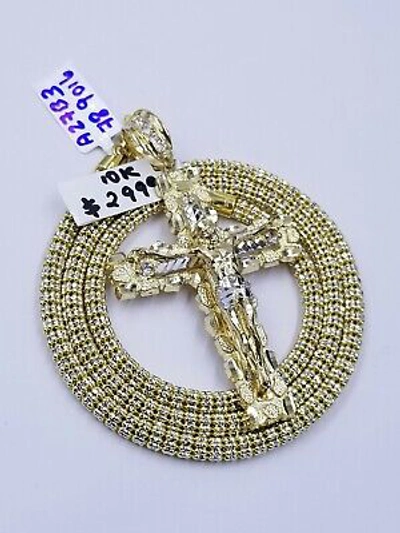 Pre-owned Globalwatches10 10k Gold Jesus Cross Charm 26" Iced Chain Bead Necklace Diamond Cut Nugget Real In Yellow