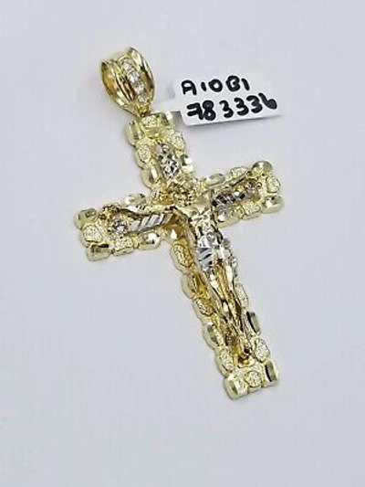 Pre-owned Globalwatches10 10k Gold Jesus Cross Charm 26" Iced Chain Bead Necklace Diamond Cut Nugget Real In Yellow