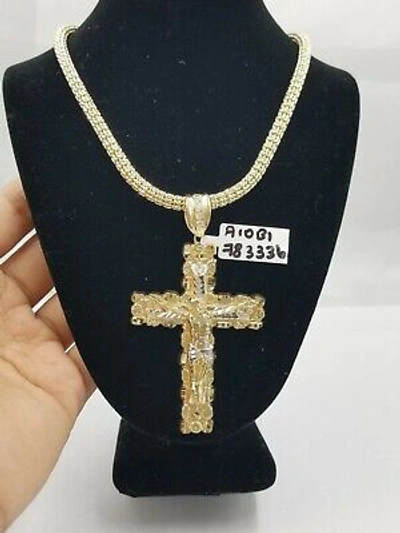Pre-owned Globalwatches10 10k Gold Jesus Cross Charm 26" Iced Chain Bead Necklace Diamond Cut Nugget Real In Yellow