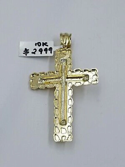 Pre-owned Globalwatches10 10k Gold Jesus Cross Charm 26" Iced Chain Bead Necklace Diamond Cut Nugget Real In Yellow