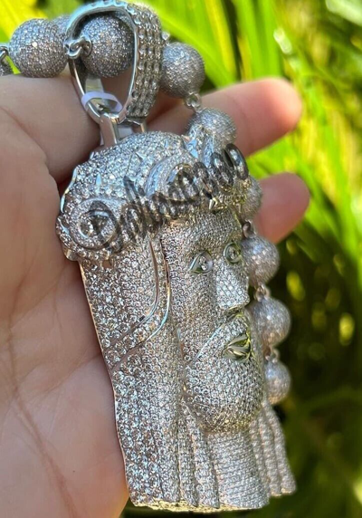 Pre-owned Online0369 5.25ct Rd Cubic Zirconia Mens Bust Down Jesus Charm Pendant Silver Free Stud In White