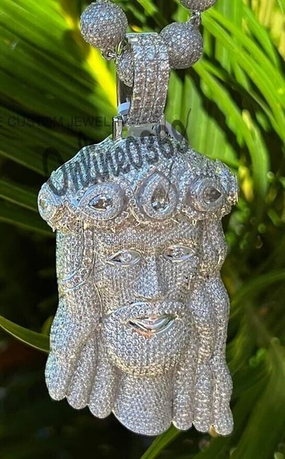 Pre-owned Online0369 5.25ct Rd Cubic Zirconia Mens Bust Down Jesus Charm Pendant Silver Free Stud In White