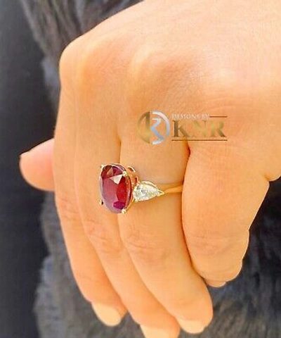 Pre-owned Ruby 14k Yellow Gold Natural Oval  And Pear Cut Diamonds Engagement Ring 5.00ct