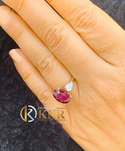 Pre-owned Ruby 14k Yellow Gold Natural Oval  And Pear Cut Diamonds Engagement Ring 5.00ct