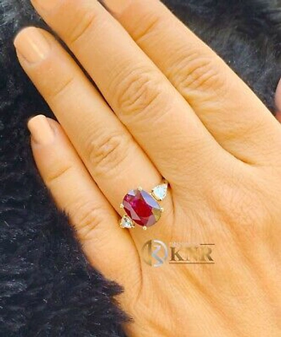 Pre-owned Ruby 14k Yellow Gold Natural Oval  And Pear Cut Diamonds Engagement Ring 5.00ct