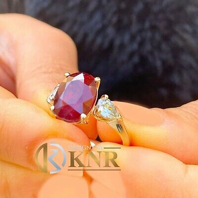 Pre-owned Ruby 14k Yellow Gold Natural Oval  And Pear Cut Diamonds Engagement Ring 5.00ct