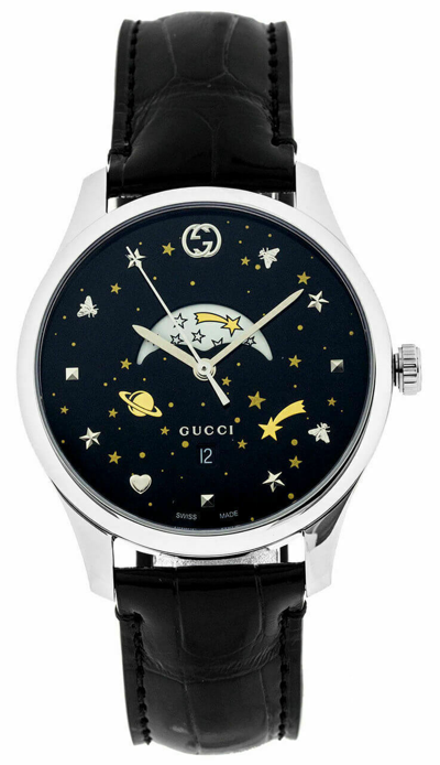 Pre-owned Gucci 40mm Ya126327 G-timeless Men's Moonphase Display Black Leather Watch