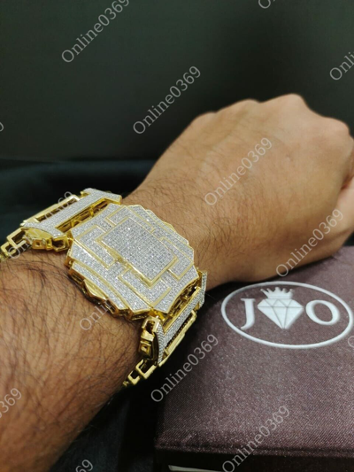 Pre-owned Online0369 9.48 Ct Round Cubic Zirconia Mens Giant Bracelet In Yellow Gold Plated Silver