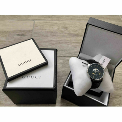 Pre-owned Gucci 40mm Ya126327 G-timeless Men's Moonphase Display Black Leather Watch