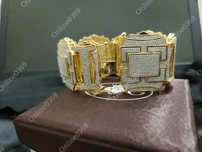 Pre-owned Online0369 9.48 Ct Round Cubic Zirconia Mens Giant Bracelet In Yellow Gold Plated Silver