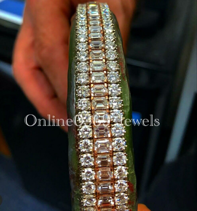 Pre-owned Online0369 Men's 28ct Round Emerald Moissanite Men's Tennis Bracelet Rose Gold Plate Silver In White