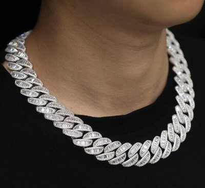 Pre-owned Online0369 15ct Baguette Cubic Zirconia 18mm X 20 Inch Cuban Link Necklace Silver In White