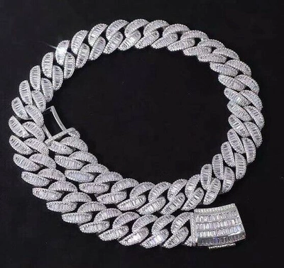 Pre-owned Online0369 15ct Baguette Cubic Zirconia 18mm X 20 Inch Cuban Link Necklace Silver In White