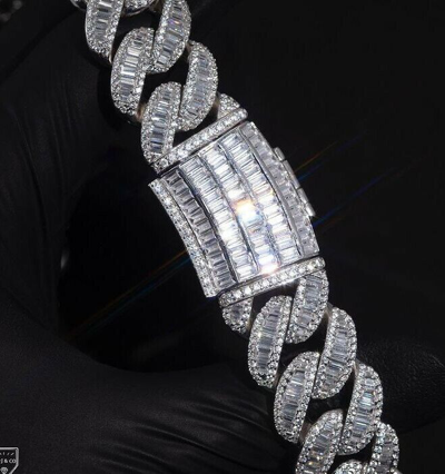Pre-owned Online0369 15ct Baguette Cubic Zirconia 18mm X 20 Inch Cuban Link Necklace Silver In White