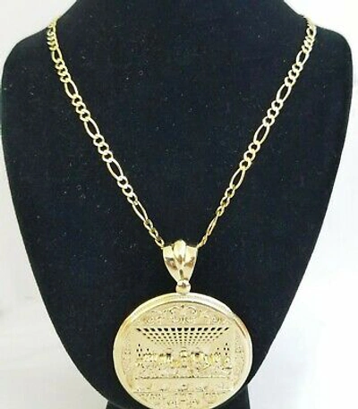 Pre-owned Globalwatches10 10k Yellow Gold Round Last Supper Charm With 22inch Figro Chain 4mm Real 10kt