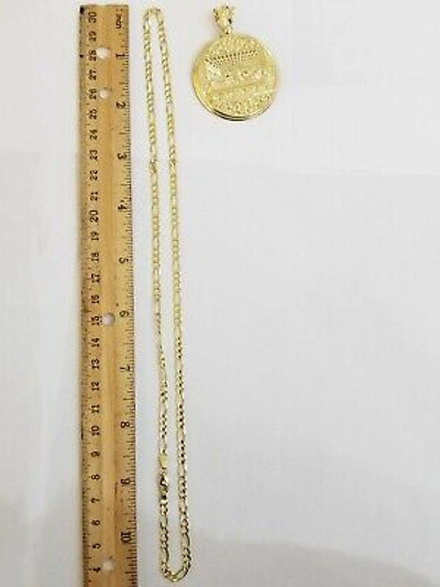 Pre-owned Globalwatches10 10k Yellow Gold Round Last Supper Charm With 22inch Figro Chain 4mm Real 10kt