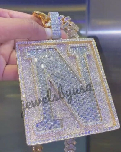 Pre-owned Nsg 4.1ct Men's Baguette Cubic Zirconia Big N Custom Fancy Square Pendant 925 In White