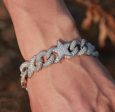 Pre-owned Online0369 Men's Infinity Style Cuban Link With Star Necklace Chain 20" Long In 925 Silver In White