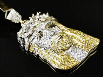 Pre-owned Jewelry Unlimited 10k Yellow Gold Mens Canary/white Mini Diamond Jesus Piece Pendant Charm 2.1 Ct