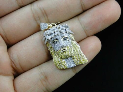 Pre-owned Jewelry Unlimited 10k Yellow Gold Mens Canary/white Mini Diamond Jesus Piece Pendant Charm 2.1 Ct