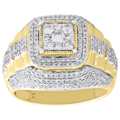 Pre-owned Jfl Diamonds & Timepieces 10k Yellow Gold Diamond Step Shank Tier 4-prong 17mm Frame Pave Pinky Ring 1 Ct. In White