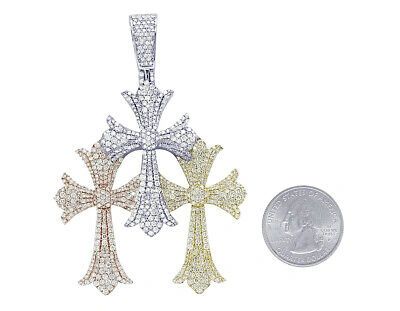 Pre-owned Jewelry Unlimited Mens Triple Tri-color Celtic Cross 8 3/10ct Real Diamond Pendant 3" In G-h