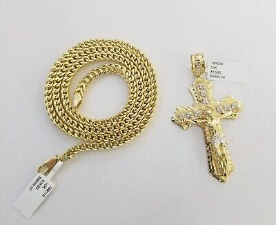 Pre-owned Gold & Diamond Jewelers Real 10k Gold Franco Chain & Cross Charm 10kt Pendant Necklace 24" 4mm Set In Yellow