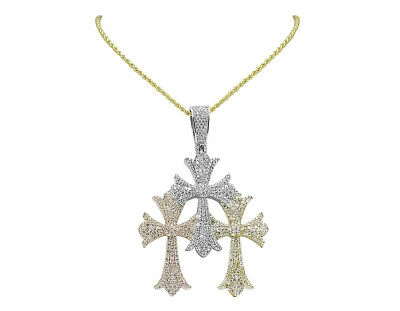 Pre-owned Jewelry Unlimited Mens Triple Tri-color Celtic Cross 8 3/10ct Real Diamond Pendant 3" In G-h