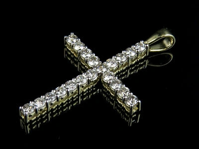 Pre-owned Jewelry Unlimited Unisex 10k Yellow Gold One Row Prong Genuine Diamond Cross Pendant Charm 1.45 Ct In H-i