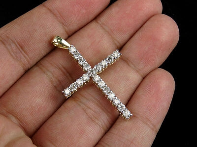 Pre-owned Jewelry Unlimited Unisex 10k Yellow Gold One Row Prong Genuine Diamond Cross Pendant Charm 1.45 Ct In H-i