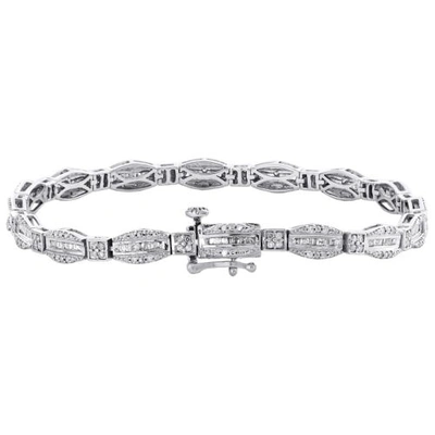 Pre-owned Jfl Diamonds & Timepieces 10k White Gold Round & Baguette Cut Diamond Bracelet 7" Hexagon Frame Link 1 Ct.
