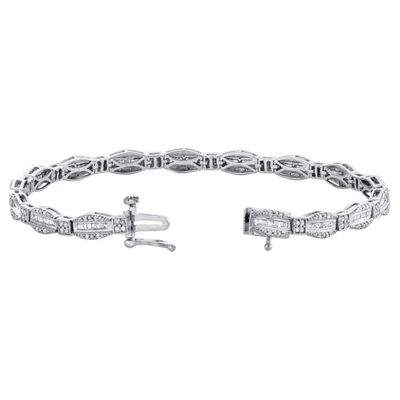 Pre-owned Jfl Diamonds & Timepieces 10k White Gold Round & Baguette Cut Diamond Bracelet 7" Hexagon Frame Link 1 Ct.