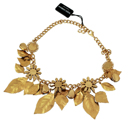 Pre-owned Dolce & Gabbana Necklace Floral Crystal Charm Gold Brass Statement Rrp $2600