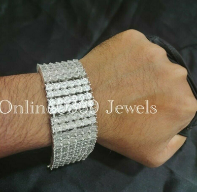 Pre-owned Online0369 Mens Broad 6 Row Tennis Bracelet Tester Pass Moissanite 8" Real Silver In White