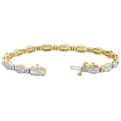 Pre-owned Jfl Diamonds & Timepieces 10k Yellow Gold Round & Baguette Cut Diamond Bracelet 7" Hexagon Frame Link 1 Ct In White