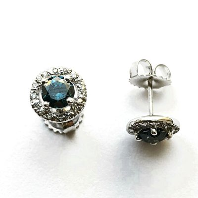 Pre-owned Jewelry By Arsa 1 Ctw Natural Blue & White Diamond Solid 14k Gold Halo Round Stud Earrings 8 Mm