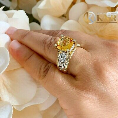 Pre-owned Halo 14k Yellow And White Gold Cushion Yellow Citrine Natural Round Diamond Ring 4.80