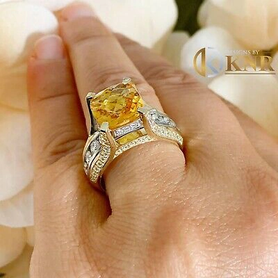 Pre-owned Halo 14k Yellow And White Gold Cushion Yellow Citrine Natural Round Diamond Ring 4.80