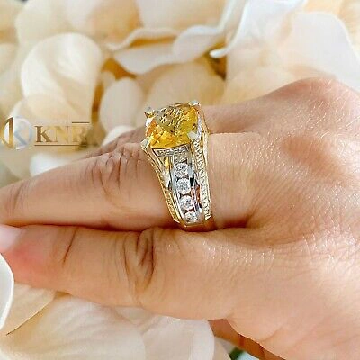 Pre-owned Halo 14k Yellow And White Gold Cushion Yellow Citrine Natural Round Diamond Ring 4.80