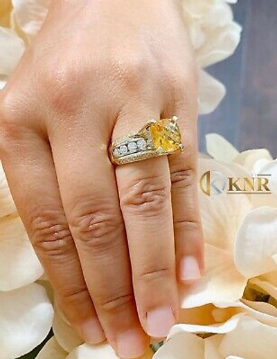 Pre-owned Halo 14k Yellow And White Gold Cushion Yellow Citrine Natural Round Diamond Ring 4.80