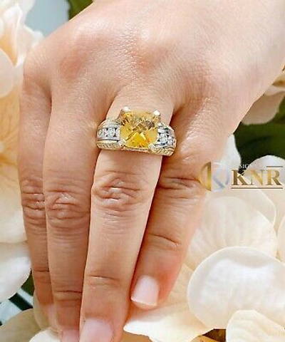 Pre-owned Halo 14k Yellow And White Gold Cushion Yellow Citrine Natural Round Diamond Ring 4.80