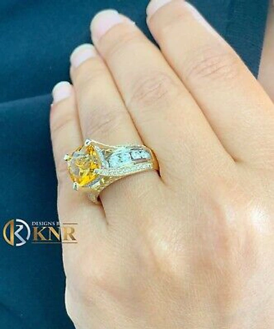 Pre-owned Halo 14k Yellow And White Gold Cushion Yellow Citrine Natural Round Diamond Ring 4.80