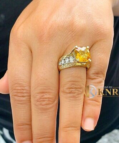 Pre-owned Halo 14k Yellow And White Gold Cushion Yellow Citrine Natural Round Diamond Ring 4.80