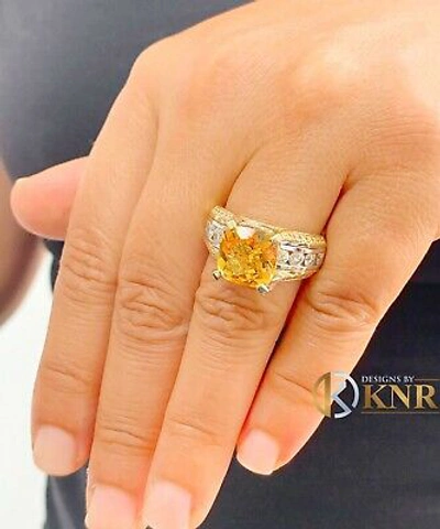 Pre-owned Halo 14k Yellow And White Gold Cushion Yellow Citrine Natural Round Diamond Ring 4.80