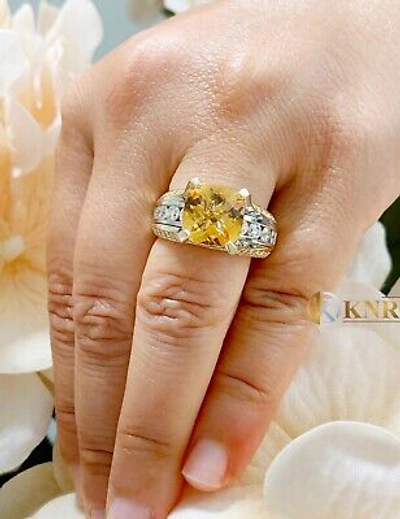 Pre-owned Halo 14k Yellow And White Gold Cushion Yellow Citrine Natural Round Diamond Ring 4.80