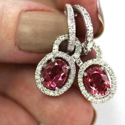 Pre-owned Jewelry By Arsa 3 Ct Tw Natural Pink Tourmaline & Diamond 14k White Gold Dangle Earrings 24 Mm