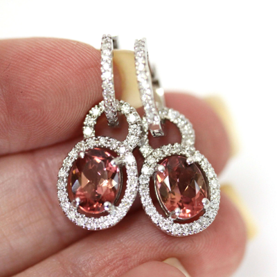 Pre-owned Jewelry By Arsa 3 Ct Tw Natural Pink Tourmaline & Diamond 14k White Gold Dangle Earrings 24 Mm