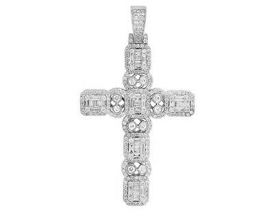 Pre-owned Jewelry Unlimited 14k White Gold Baguette Halo Bezel Real Diamond Cross Charm Pendant 2.5" 3ct In F-g