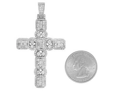 Pre-owned Jewelry Unlimited 14k White Gold Baguette Halo Bezel Real Diamond Cross Charm Pendant 2.5" 3ct In F-g