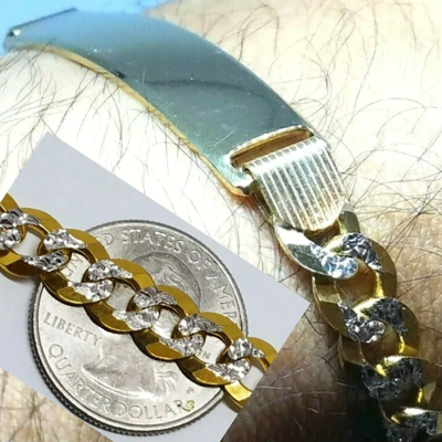 Pre-owned Handmade Gold Solid Mens Id Bracelet 14k Cuban Link Real Diamond Cut 20g 8mm 8.75” In Yellow Gold With White Diamond Cuts